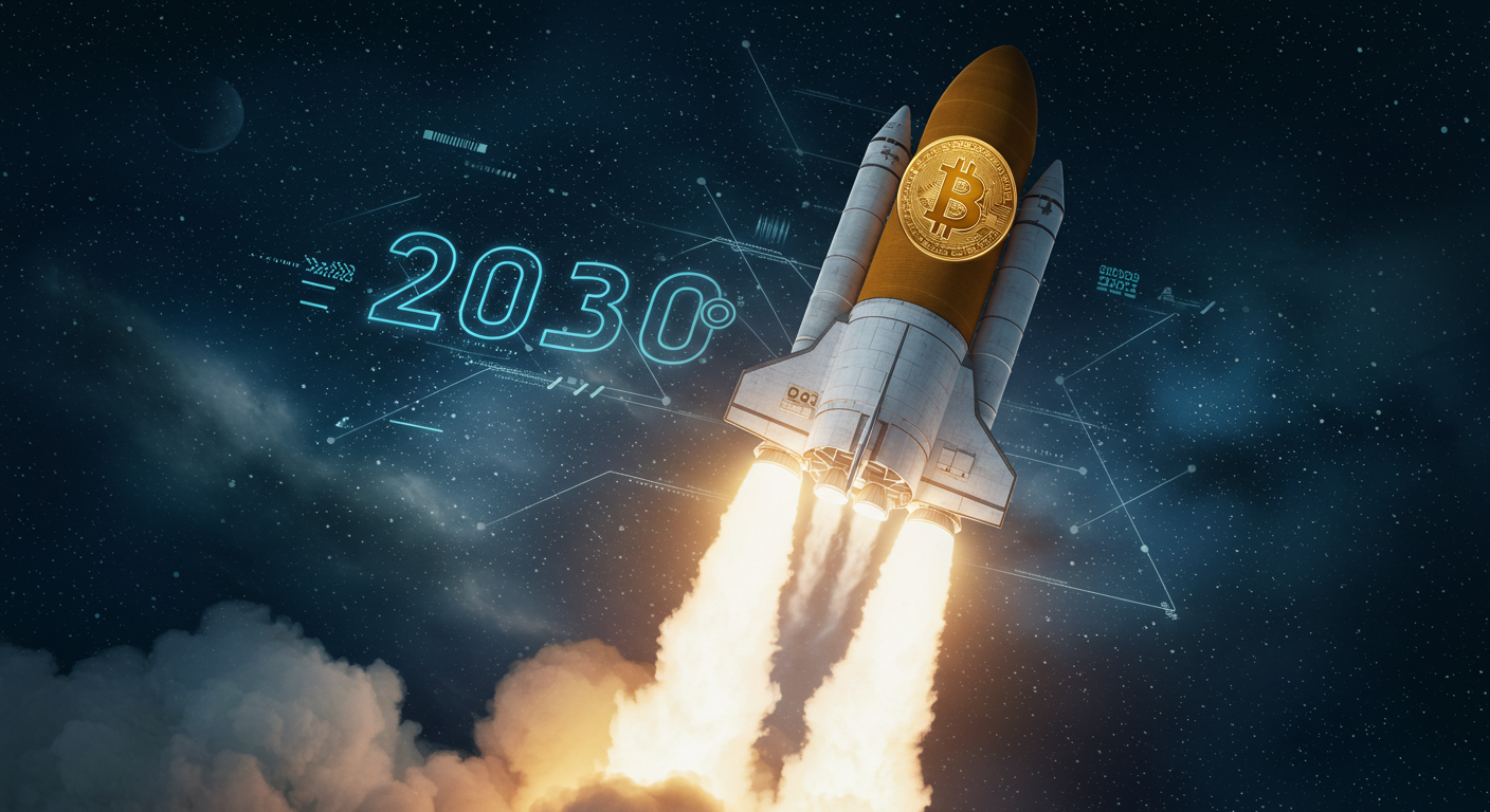 “비트코인 로고가 우주로 날아가는 로켓, 뒤에 2030년 숫자, 미래적인 그래픽, 파란색·금색 톤”